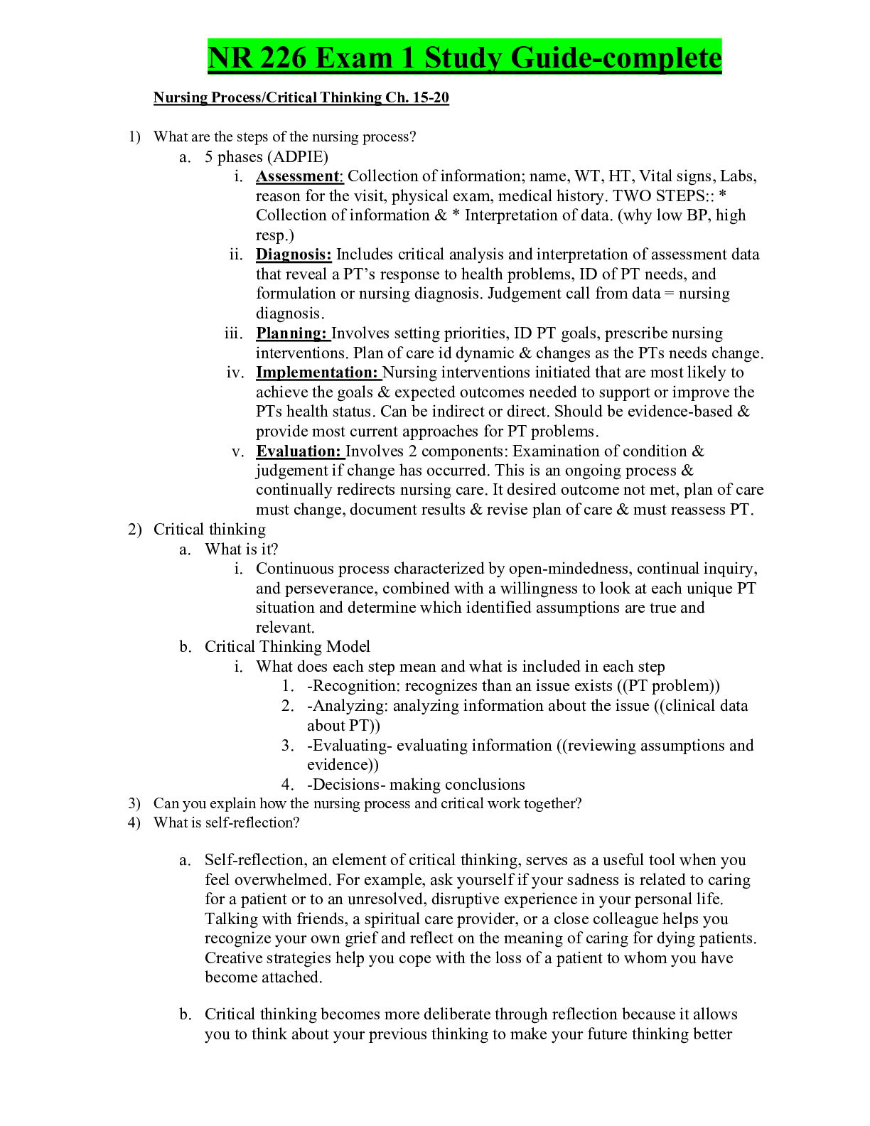 Preview image of NR 226 Exam 1 Study Guide-complete document